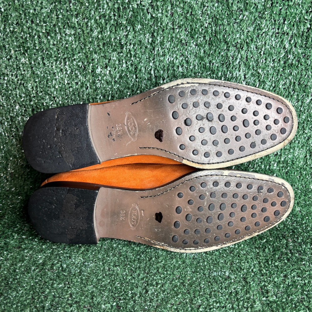 Tods Gommini Suede Penny Loafers Driver Moccasin Luxury Orange Womens Shoes 8.5 - Picture 8 of 12